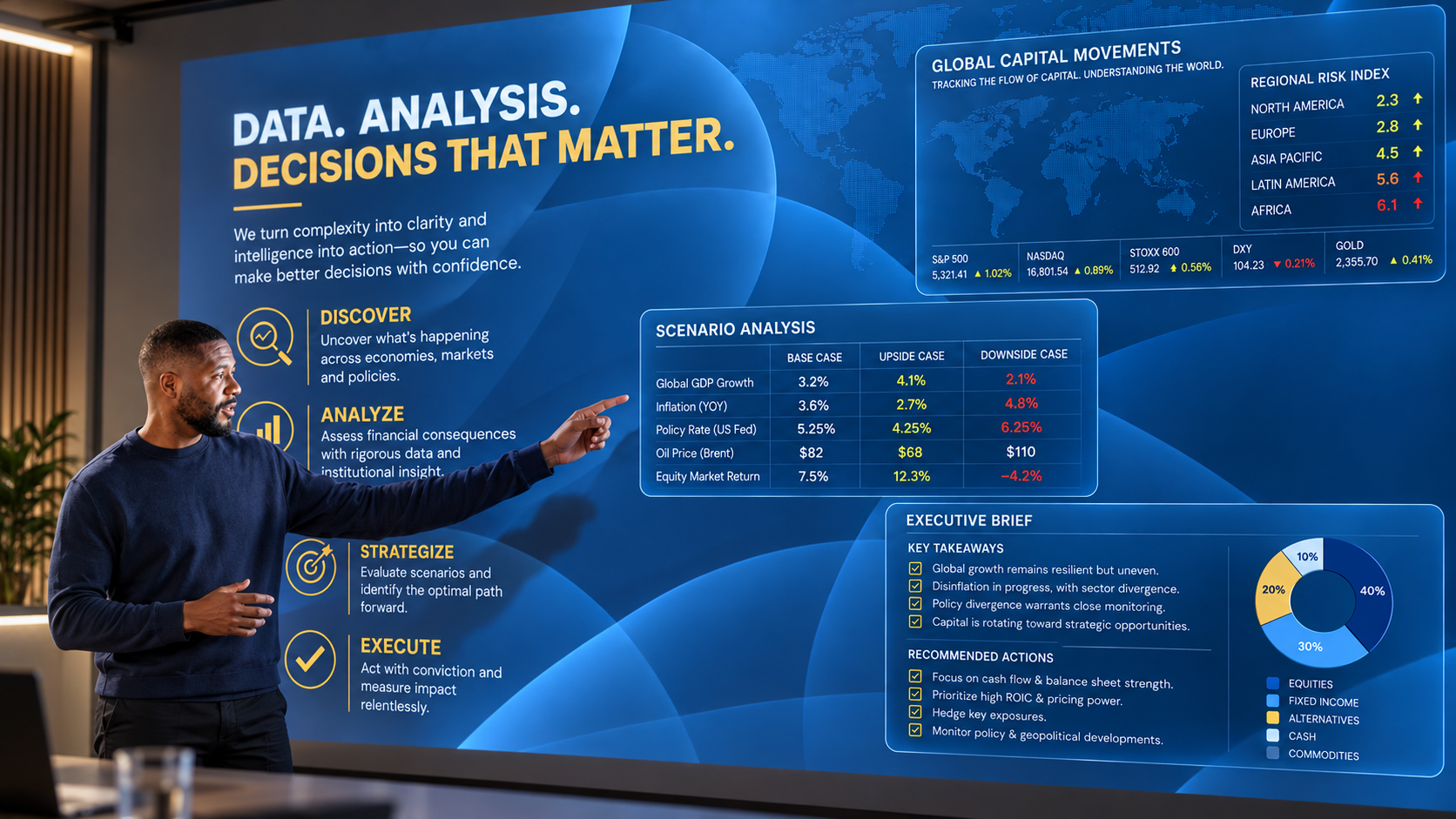 We analyze global capital movements and financial scenarios, then turn the findings into executive briefs for better decisions.